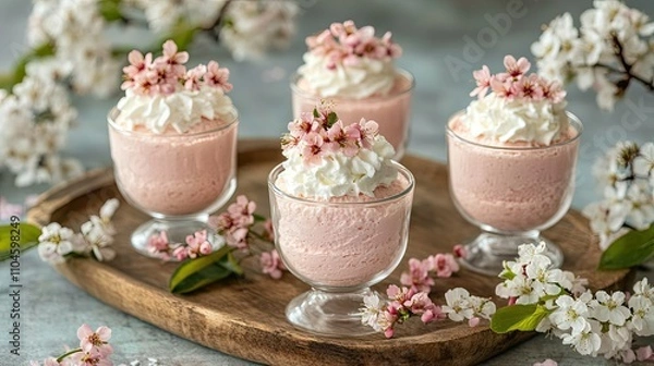 Fototapeta Elegant Pink Dessert Cups with Whipped Cream and Cherry Blossoms