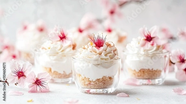 Fototapeta Delightful Mini Desserts with Cherry Blossoms and Cream Topping