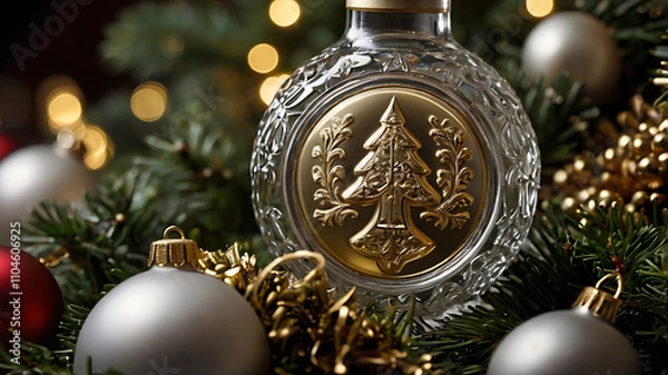 Obraz Crystal bottle with gold Christmas tree design, surrounded by ornaments and evergreen branches.