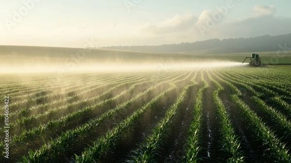 Fototapeta Large irrigation system installed along a farm field, watering rows of corn, without people