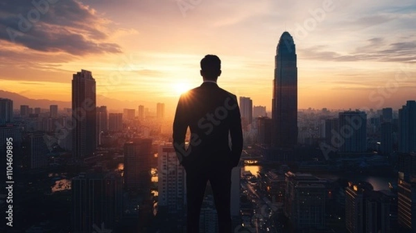 Fototapeta Man in a suit stands on a rooftop looking out over a city at sunset. Concept of solitude and contemplation, as the man is alone in the cityscape. The sunset adds a warm