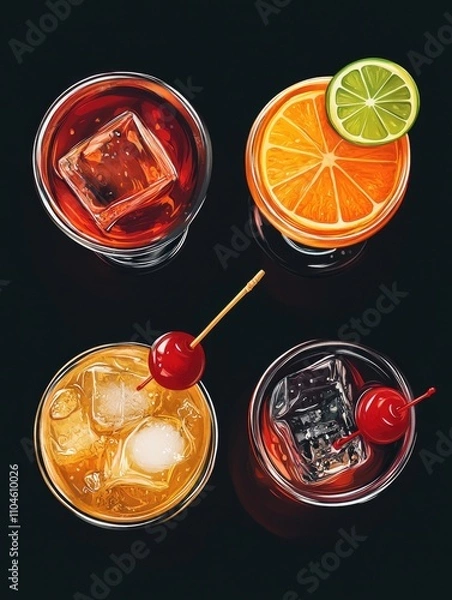 Fototapeta Four different colored drinks with a cherry on top. The drinks are in glasses and the cherry is on the side of the glass