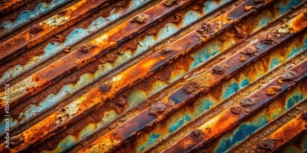 Fototapeta High Depth of Field Texture of Old Rusted Striped Steel Plate, Industrial Background, Grunge Design, Metal Surface, Weathered Steel, Textured Patterns, Abstract Metal Art