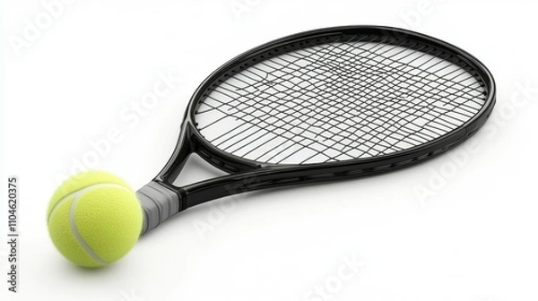 Fototapeta Close-up View of a Tennis Racket and Bright Yellow Tennis Ball Isolated on White Background for Sports, Fitness, or Recreational Themes