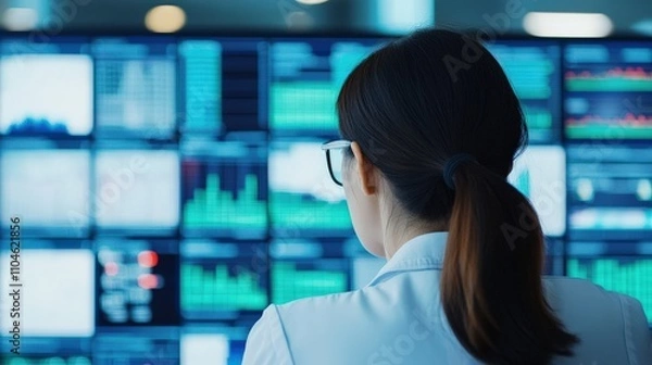 Fototapeta A professional analyzing data on multiple screens, showcasing graphs and metrics, indicative of a financial or tech environment.