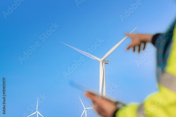 Fototapeta A blurred figure holding a tablet observes large wind turbines in the background under a clear blue sky, symbolizing renewable energy, modern technology, and sustainable environmental solutions.