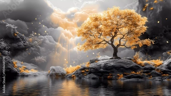 Fototapeta 3D wallpaper with a golden tree, a black and white landscape background, fantasy trees on rocks in water, golden light shining through clouds, and golden leaves