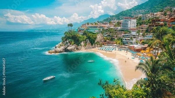 Fototapeta A coastal city with white sand beaches, crystal-clear water, and luxury resorts