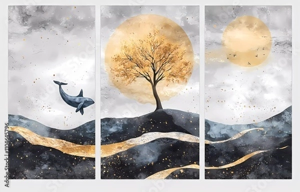 Fototapeta 3-piece abstract art with a golden tree, yellow sun, and blue whale, a deer running in the forest, on a gray background