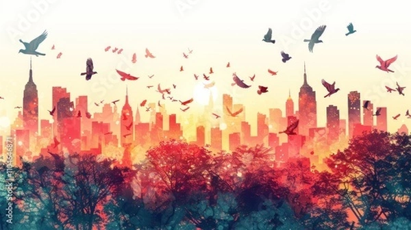Fototapeta Cityscape sunrise with birds and trees.