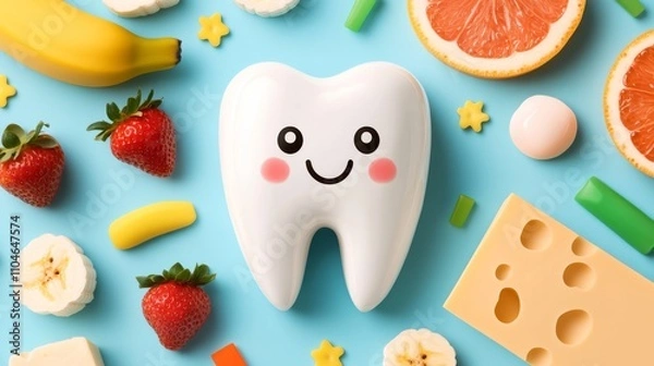 Fototapeta Happy Tooth and Healthy Foods: A cheerful cartoon tooth surrounded by fresh fruits, vegetables, and dairy products on a vibrant blue background. Promoting healthy eating habits for strong teeth. 