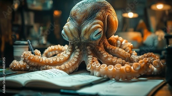 Obraz Octopus Studying Notes on Desk at Night