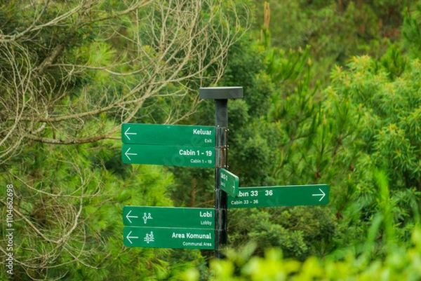 Fototapeta Signpost directing to various locations in a scenic green environment.
