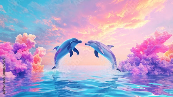 Fototapeta Dolphins flying against beautiful colorful background.