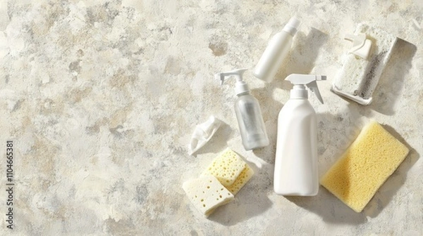 Fototapeta Close-up of neatly arranged cleaning supplies like sprays, sponges, and wipes on a textured, neutral-toned background.