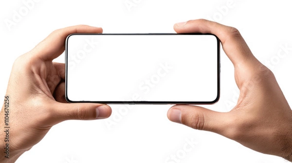 Obraz hand holding smartphone with transparent screen in landscape orientation - mockup with transparent display and no background
