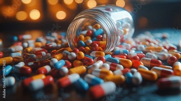Fototapeta Scattered pills on the table from a jar, a lot of multi-colored pills