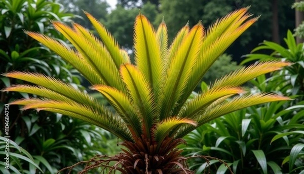 Fototapeta A vividly colored palm fronds in a dense tropical forest setting