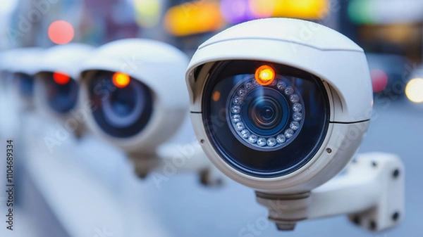 Fototapeta A row of security cameras are mounted on a pole. The cameras are all facing the same direction and are all lit up. The scene is set in a city, with cars and other vehicles visible in the background