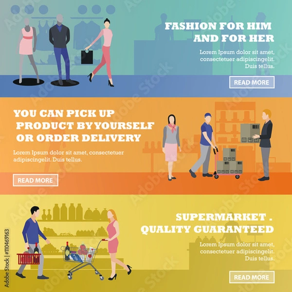 Fototapeta Vector set of shopping banners. Illustration in flat style design. People shop in a department store
