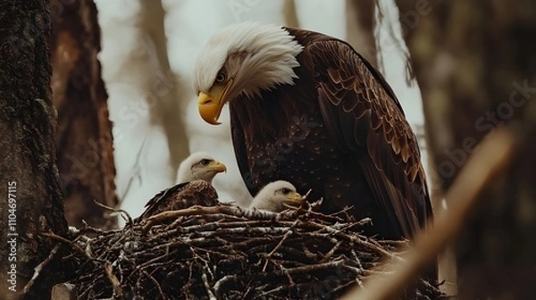 Obraz Bald Eagle Feeding Eaglets in a Nest.