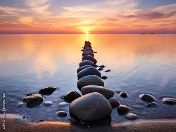Obraz serene sunset over calm waters with stepping stones