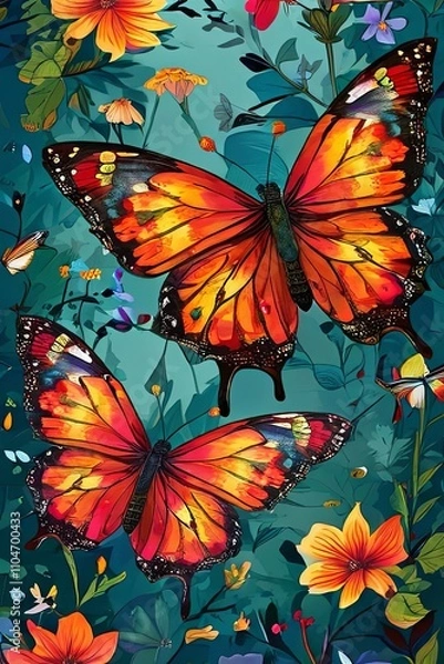 Fototapeta Artistic depiction of two radiant butterflies amidst lush floral patterns, capturing the essence of spring. Great for wallpapers, nature-inspired artwork, greeting cards, print, digital designs.