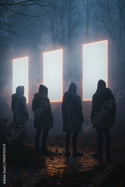 Obraz Silhouetted figures standing in eerie foggy forest with glowing digital panels casting a mysterious atmospheric light in darkness