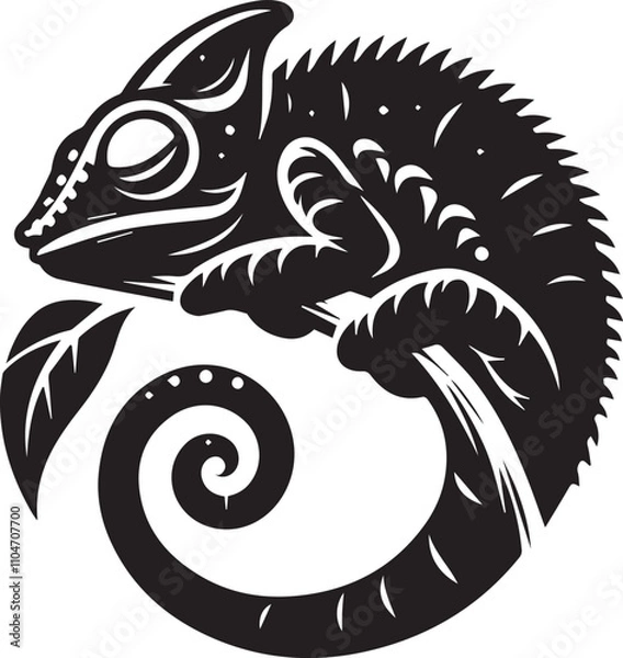 Obraz A sleepy chameleon curled up on a leaf silhouette vector
