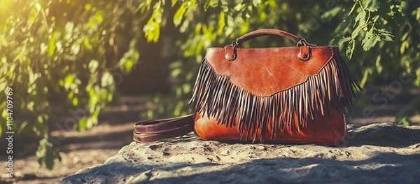 Obraz A vivid and detailed shot of a leather fringe handbag resting on a stone surface, bathed in sunlight from tree canopies, ultra-HD quality with high contrast and realism