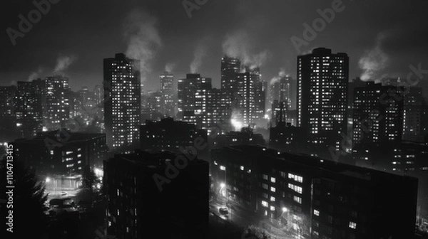 Fototapeta A nighttime cityscape with illuminated buildings and smoke rising.