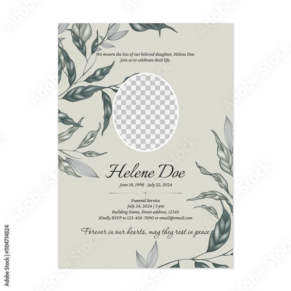Obraz Floral funeral invitation template features a delicate floral border on both sides on a light green background conveying a sense of respect and solemnity