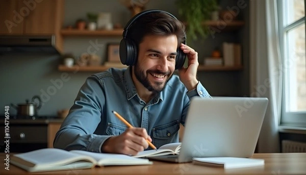 Obraz Estudiante adulto hispano tomando notas y escuchando conferencia en línea desde su hogar