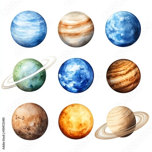 Fototapeta A grid of colorful planet illustrations, showcasing various celestial bodies in different hues and textures.