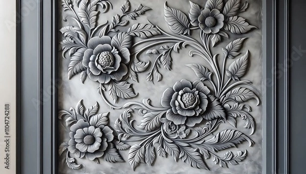 Obraz Intricate Grey Floral Carving On Dark Grey Paneling