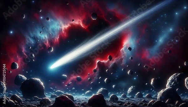 Obraz Comet Streaking Through Asteroid Field Near Nebula
