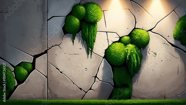 Obraz Cracked Stone Wall With Lush Green Moss Patches