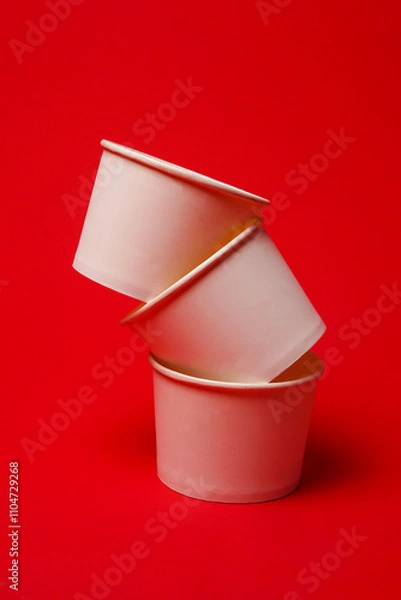 Obraz Pile of disposable kraft paper bowls, isolated on red background. High resolution photo.