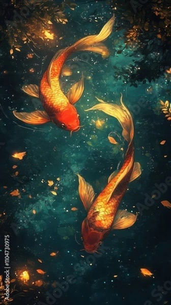 Fototapeta Two Vibrant Koi Fish Swimming in a Serene Underwater Scene