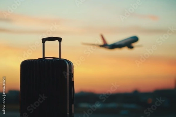 Fototapeta A suitcase stands against a colorful sunset, with an airplane taking off in the background, symbolizing travel and adventure.