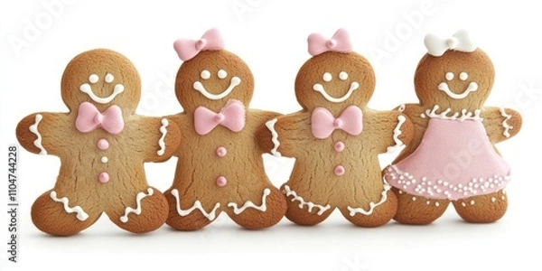Fototapeta gingerbread cookies in a row, two boys and two girls, decorated with pink icing and bows.