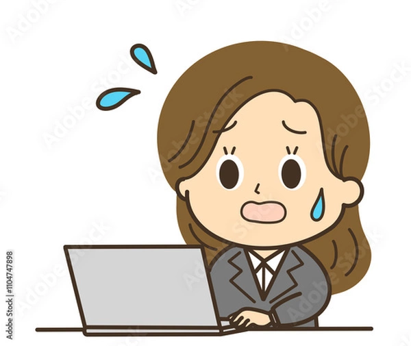 Fototapeta パソコンで仕事をしながら冷や汗をかいて困っているスーツの女性のイラスト