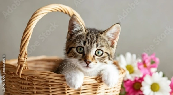 Fototapeta Adorable Kitten in Wicker Basket with Flowers