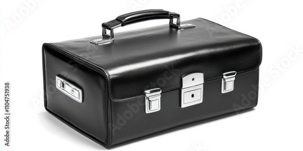 Obraz Black leather briefcase with silver hardware, isolated on white background.