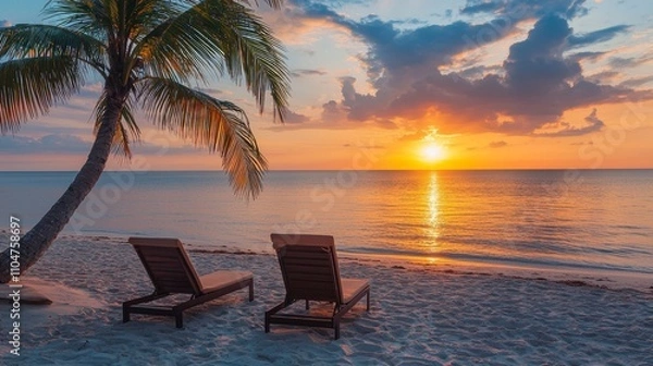 Obraz Tropical sunset with two sun beds and a palm tree on the sandy beach - AI