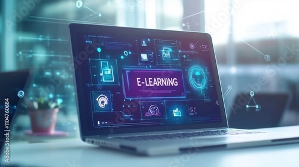 Fototapeta A laptop with icons and text "E-LEARNING" on the screen, surrounded by digital elements representing online learning tools