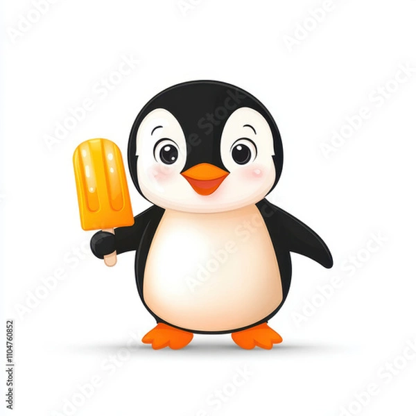 Fototapeta cheerful cartoon penguin holding bright orange popsicle, enjoying sunny day. This adorable character radiates joy and playfulness, perfect for summer themes
