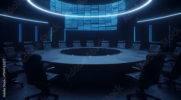Obraz A modern, high-tech conference room featuring a circular table, black chairs, and illuminated screens, creating a futuristic atmosphere.