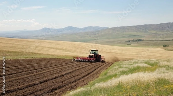 Fototapeta Red Tractor Plowing Fields in Serene Countryside Landscape