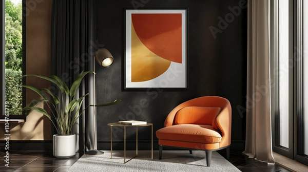 Fototapeta Modern living room with an orange armchair and abstract painting.